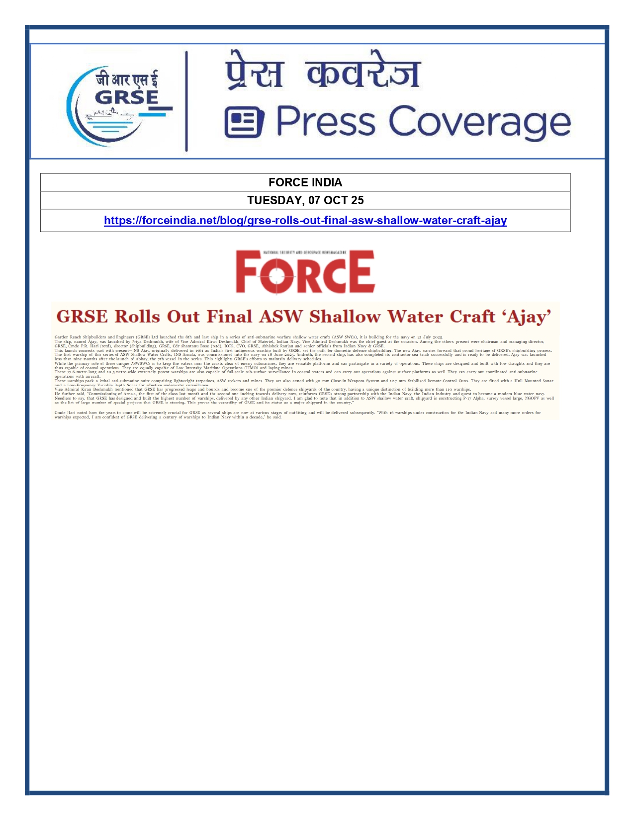 Press Coverage : 07 Oct 25:Proud Moment For GRSE As Second ASW SWC INS Androth Gets Commissioned Into Navy  